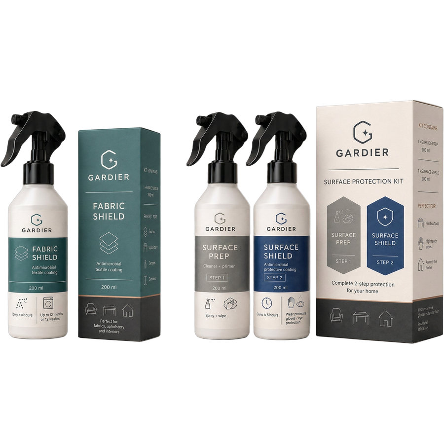 Gardier product lineup: Fabric Shield bottle and box, Surface Prep, Surface Shield and the Surface Protection Kit