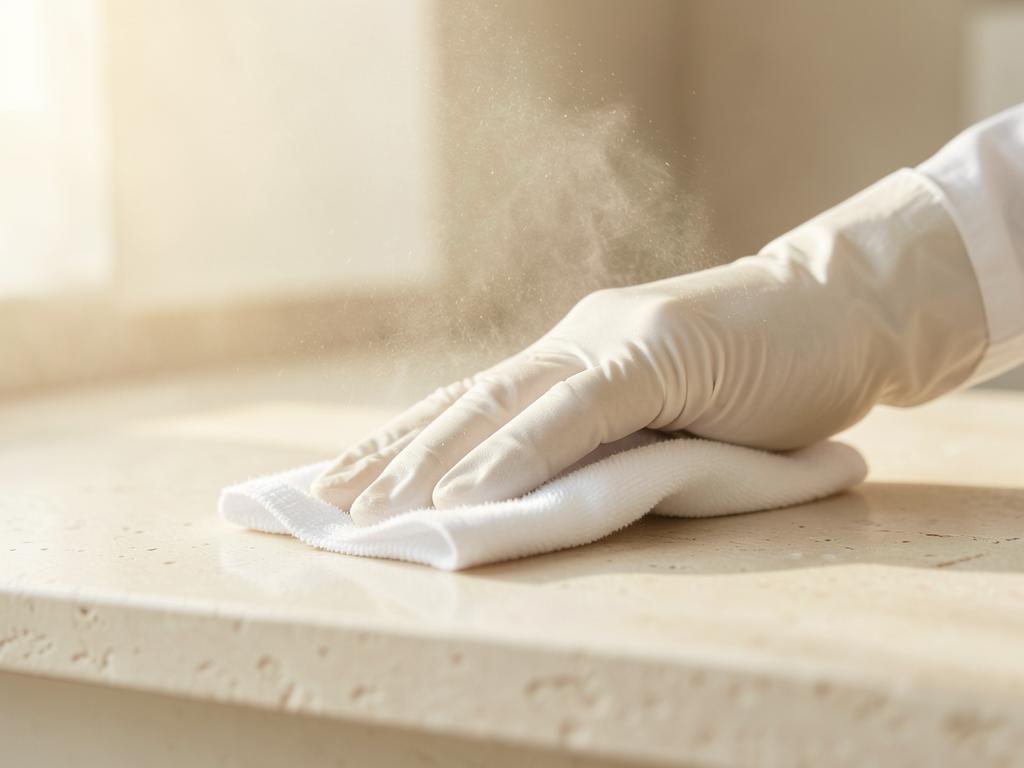 Gloved hand wiping a stone worktop clean with a microfibre cloth