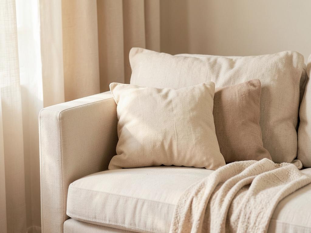 Linen sofa with cushions and a throw beside soft curtains